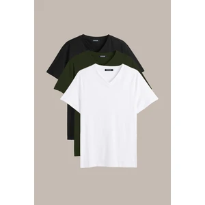 Erkek Çok Renkli T- Shirt Regular Fit Rahat Kesim V Yaka 3'lü Basic Tişört Paketi