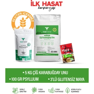 Tam Tarım (Glutensiz) Çiğ Karabuğday unu 5 kg + (Glutensiz) Organik Karnıyarık Otu Tozu 100 gr + (Glutensiz) Kuru Maya (3x10 gr)