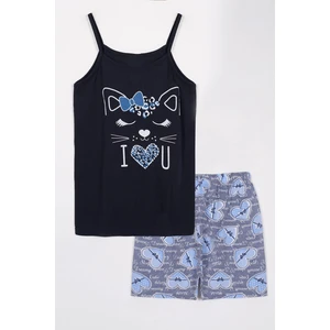 Ip Askılı Şortlu Lacivert Gri Kadın Pijama Takımı