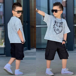 Yaren Kids Boy Kurt Baskılı Yıkamalı Şortlu Erkek Çocuk Takım