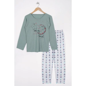 Baskılı Uzun Kollu Yesıl Beyaz Kadın Pijama Takımı