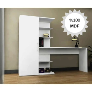 Mdf Narin Raflı Dolaplı Çalışma Masası Beyaz (Dolap Solda)