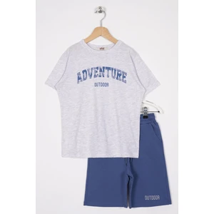 Yazı Baskılı Indıgo Renk Erkek Çocuk Şortlu Takım