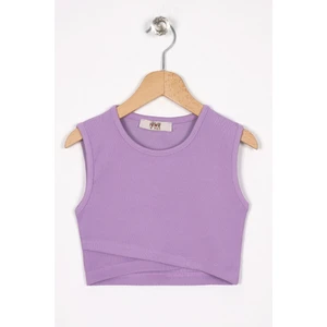 Bisiklet Yaka Sıfır Kol Capraz Bel Detaylı Lıla Renk Kız Cocuk Tshırt