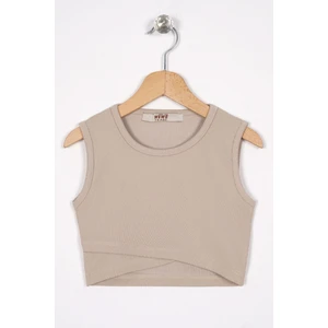 Bisiklet Yaka Sıfır Kol Capraz Bel Detaylı Bej Renk Kız Cocuk Tshırt