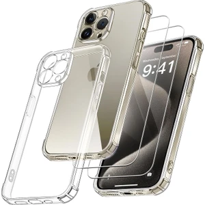 iPhone 15 Pro Max Kılıf Şeffaf Silikon + Cam Ekran Koruyucu Seti (1 CAM 1 KILIF)