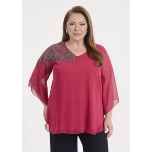 Lilas Xxl Büyük Beden Fuşya Renkli Şifon V Yaka Abiye Bluz