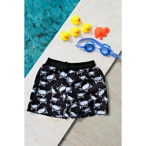 Erkek Çocuk Siyah Yengeç Baskılı Bel Bağcıklı Deniz Şortu