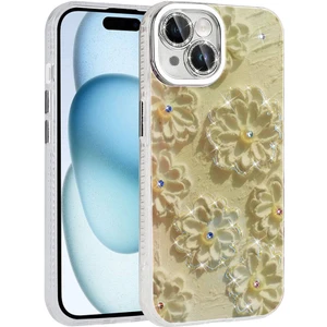 Apple iPhone 15 Kılıf Çiçek Desenli Parlak Taşlı Sert Silikon Zore Garden Kılıf