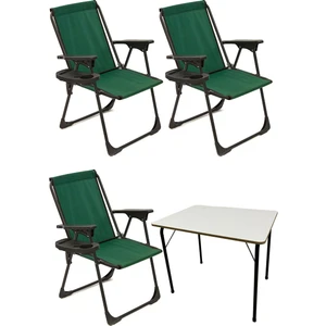3 Adet Kamp Sandalyesi Katlanır Piknik Sandalye Oval Bardaklıklı Yeşil + MDF Masa