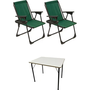 2 Adet Kamp Sandalyesi Katlanır Piknik Sandalye Oval Bardaklıklı Yeşil + MDF Masa