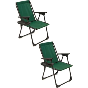 2 Adet Kamp Sandalyesi Katlanır Piknik Sandalye Oval Bardaklıklı Yeşil