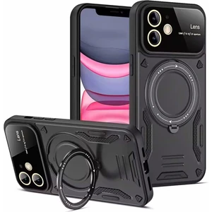 Iphone 11 Kılıf Magsafe Dönebilen Halkalı Standlı Kamera Lens Tam Cam Korumalı Gold Detaylı Military Zırh