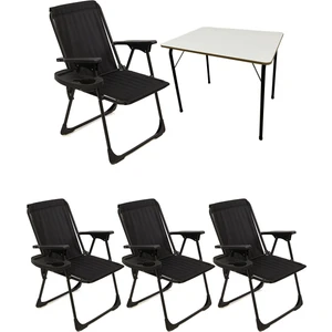 4 Adet Kamp Sandalyesi Katlanır Piknik Sandalye Oval Bardaklıklı Siyah + MDF Masa