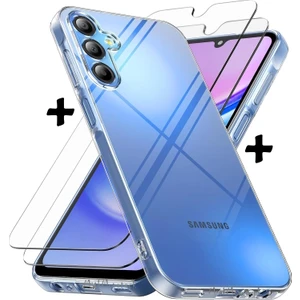 M.TK Moveteck Galaxy M15 Kılıf 3D Kamera Korumalı Şeffaf Silikon + 9h Ekran Koruyucu Cam 2'li Set