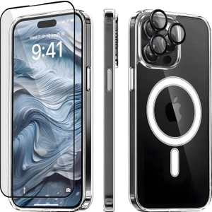 iPhone 15 Pro 3'ü 1 Arada Set [Lens Siyah, Anti-Statik Ekran Koruyucu, Şeffaf Magasafe Kılıf]