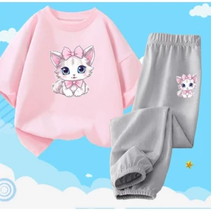 Kids Face Özel Tasarım Pembe Papyonlu Kedicik Baskılı Kısa Kollu Yazlık Kız Çocuk Eşofman Takımı