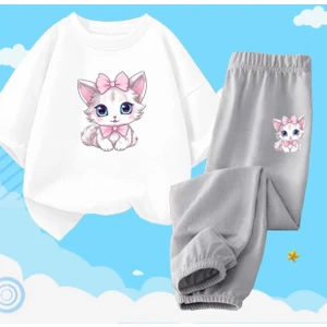 Kids Face Özel Tasarım Pembe Papyonlu Kedicik Baskılı Kısa Kollu Yazlık Kız Çocuk Eşofman Takımı