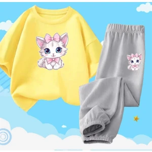 Kids Face Özel Tasarım Pembe Papyonlu Kedicik Baskılı Kısa Kollu Yazlık Kız Çocuk Eşofman Takımı