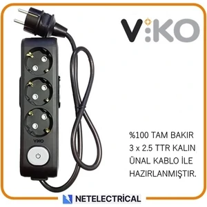 Multi-Let Siyah 3'lü 5 Metre Anahtarlı Topraklı Çocuk Korumalı Grup Priz (3x2.5 Ttr Tam Bakır Kalın Kablolu)