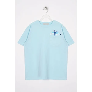 Bisiklet Yaka Kısa Kol Balına Baskılı Acik Mavi Renk Erkek Çocuk Tshirt