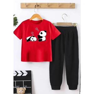 Kids Face Özel Tasarım Hii Pandalar Baskılı %100 Pamuk Kısa Kollu Yazlık Kız Çocuk Eşofman Takımı