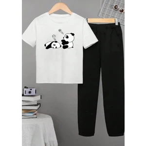 Kids Face Özel Tasarım Hii Pandalar Baskılı %100 Pamuk Kısa Kollu Yazlık Kız Çocuk Eşofman Takımı