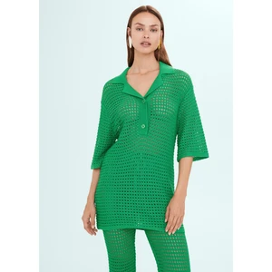 Oversize Ajurlu Örme Polo Yaka T-Shirt