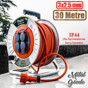 Makaralı Seyyar Kablo Kapaklı 4 Prizli Metal Uzatma Kablosu 3x2.5 mm CCA Kablo 30 Metre