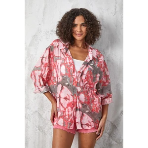 Kırmızı Mango Kumaş Desenli Oversize Gömlek 27136