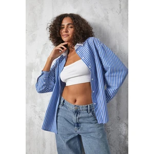 Lacivert Yakası Beyaz Çizgili Oversize Gömlek 27175