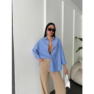 Mavi Beyaz Çizgili Oversize Cepli Gömlek 27135