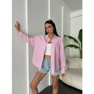 Pembe Beyaz Çizgili Oversize Cepli Gömlek 27135