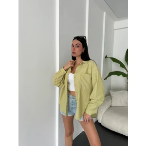Yağ Yeşili Beyaz Çizgili Oversize Cepli Gömlek 27135