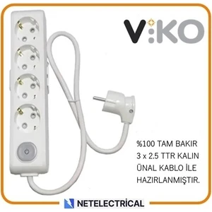 Multi-Let 4'lü 5 Metre Anahtarlı Topraklı Çocuk Korumalı Kablolu Grup Priz (3x2.5 Ttr Tam Bakır Kalın Kablolu)
