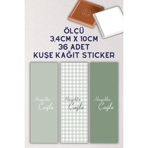 Netsan Etiket Özel İsimli Yeşil 3lü Set 36 Adet Madlen Çikolata Etiketi Yapışkanlı 3,4 x 10CM Kuşe Sticker Ekose Desen