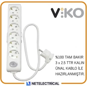 Multi-Let 6'lı 6 Metre Anahtarlı Topraklı Çocuk Korumalı Kablolu Grup Priz (3x2.5 Ttr Tam Bakır Kalın Kablolu)