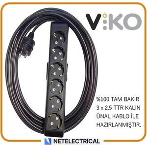 Multi-Let Siyah 6'lı 15 Metre Topraklı Çocuk Korumalı Kablolu Grup Priz (3x2.5 Ttr Tam Bakır Kalın Kablolu)