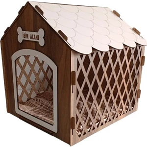 Süper Set Ahşap Desenli Köpek Evi-Kulübesi Minder ve Zincir Tasma Hediyeli (Tesbih-Beyaz)