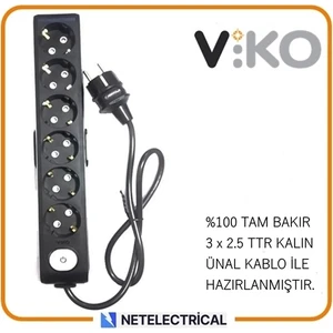 Multi-Let Siyah 6'lı 1 Metre Anahtarlı Topraklı Çocuk Korumalı Kablolu Grup Priz (3x2.5 Ttr Tam Bakır Kalın Kablolu)