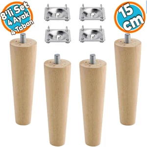 Ahşap Ayak Mobilya Koltuk Kanepe Sehpa Masa Ayağı Ayakları M8 Civatalı 15 cm + Bağlantı Aparatlı 8'li Set