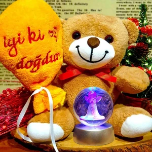 Iyi Ki Doğdun Peluş Ayıcık ve Melek Figürlü Cam Küre  Doğum Günü Hediyesi