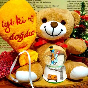 Iyi Ki Doğdun Peluş Ayıcık ve Işıklı Kar Küresi  Doğum Günü Hediyesi