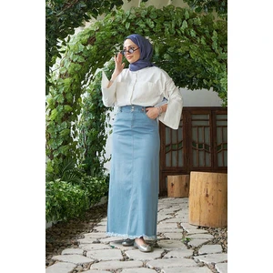 2252-DENIM Püsküllü  Etek Açık Mavi