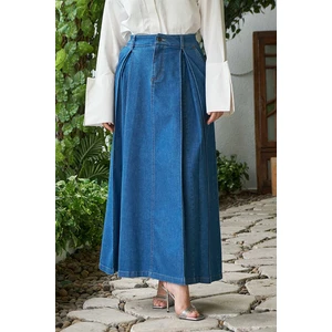 2288-DENIM Pileli Etek Koyu Mavi