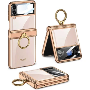 Samsung Galaxy Z Flip 4 Kılıf Kıpta Lens Korumalı Yüzüklü Birleşik Kapak