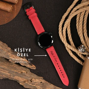 Xiaomi Mi Watch Xiaomi S3 - S2 - S1 Active 22MM Hakiki Deri Kordon Kırmızı Deri Kayış Akıllı Saat Kordonu