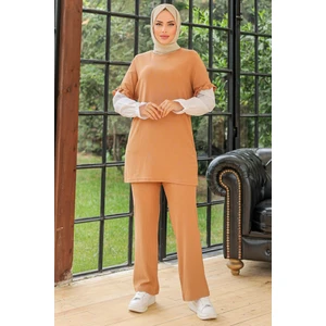 Fırfırlı Bürümcük Tunik Pantolon Takım 865 - Vizon