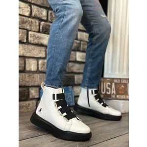 BA0142 Bantlı Erkek Yüksek Taban Beyaz Siyah Spor Bot