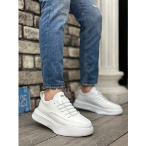 BA0332 Merdiven Desen Bağcıklı Erkek Yüksek Taban Beyaz Cilt Spor Ayakkabı